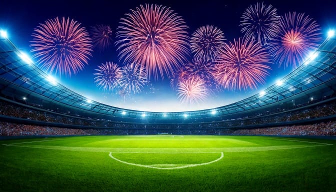 야간 축구 경기장에서 불꽃 놀이